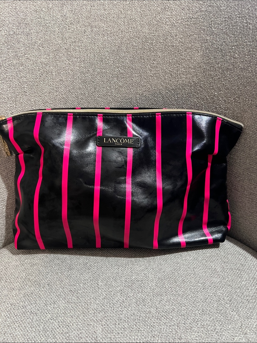 Lancôme Paris Black Cosmetic Pouch with Pink Stripe Accents